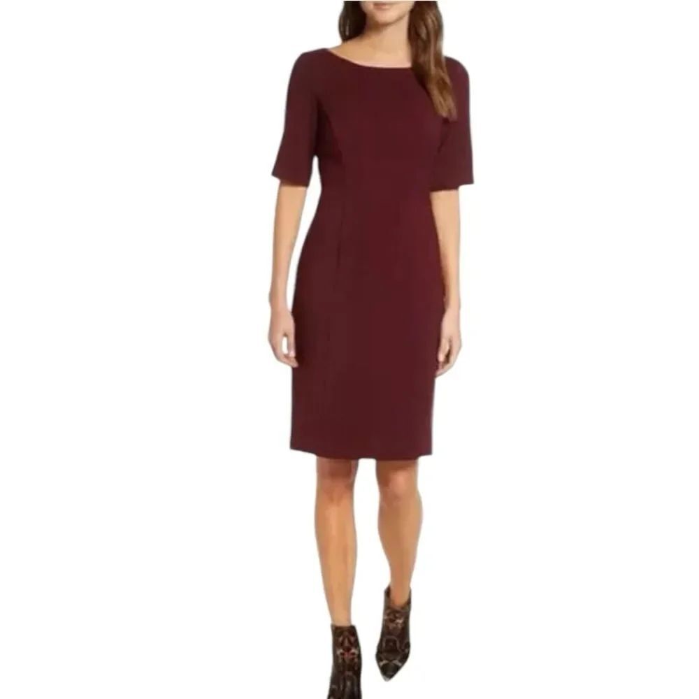 NWT Eliza J Bateau Neck Crepe Sheath Wine Burgundy Timeless Dress Sz 16